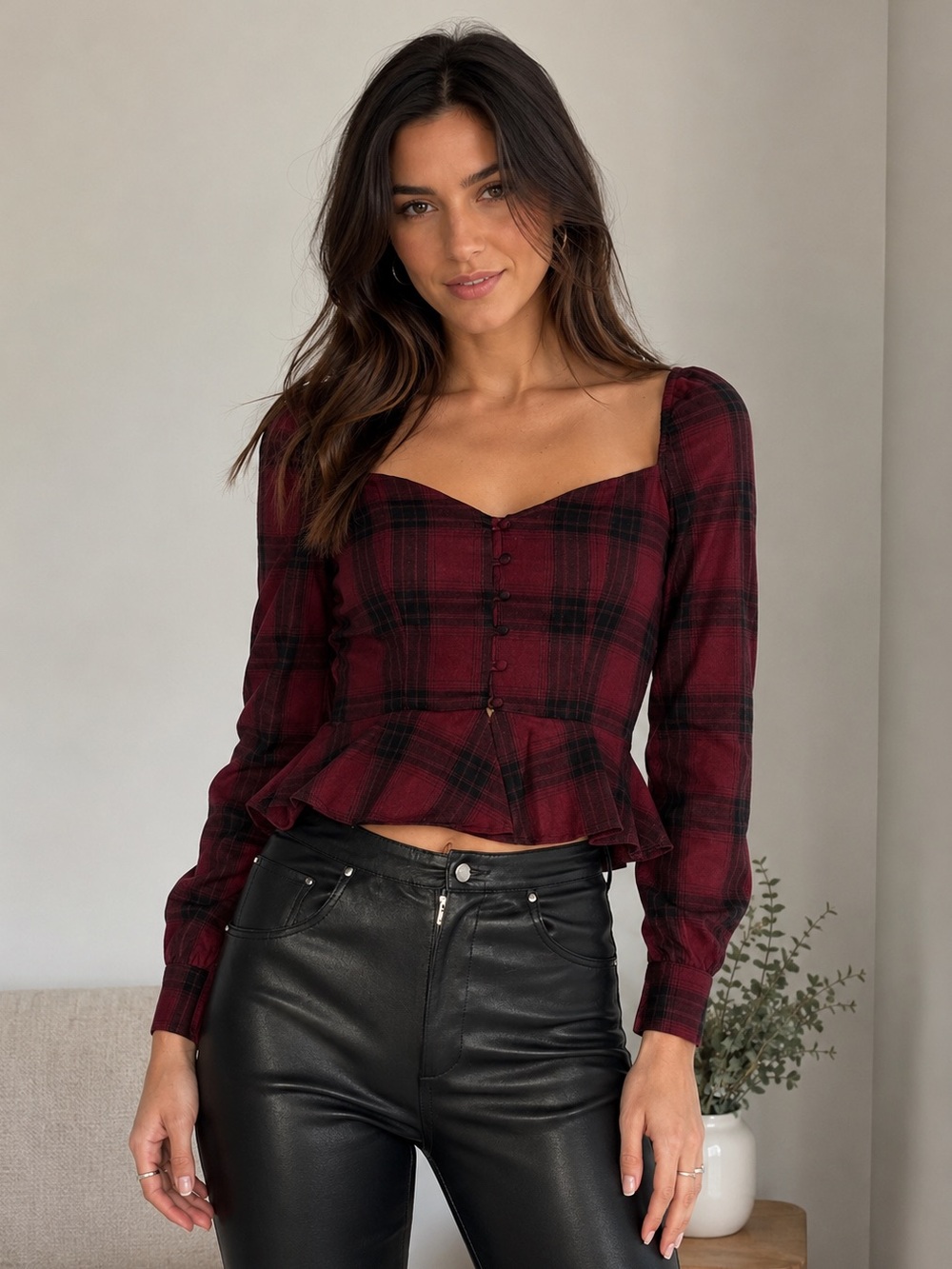Revolve Superdown Burgundy Plaid Peplum Button Front Long Sleeve Top Size S NWT